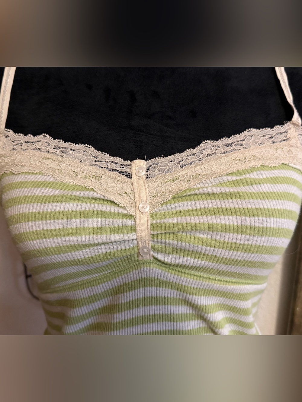 VTG Abercrombie & Fitch Y2K Lace Cami Tank Top Green Striped •Size L• - Picture 2 of 6